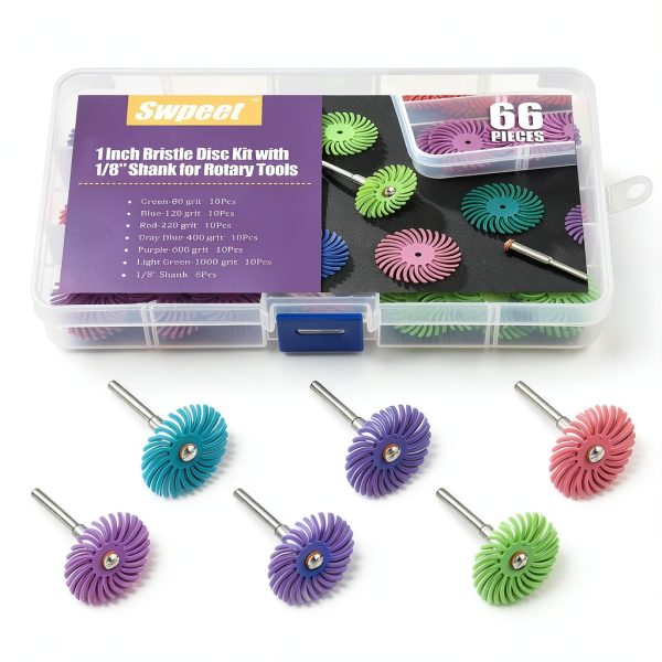 Swpeet 66Pcs 1 Inch 6 Mixed Grit 80/120/220/400/600/1000 Radial Bristle Disc Abrasive Brush Gap Polishing Pad Buffing Wheel Assortment Kit with 1/8" Shank for Rotary Tools Cleaning Finishing Deburring-5