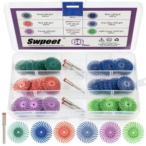 Swpeet 66Pcs 1 Inch 6 Mixed Grit 80/120/220/400/600/1000 Radial Bristle Disc Abrasive Brush Gap Polishing Pad Buffing Wheel Assortment Kit with 1/8" Shank for Rotary Tools Cleaning Finishing Deburring-0