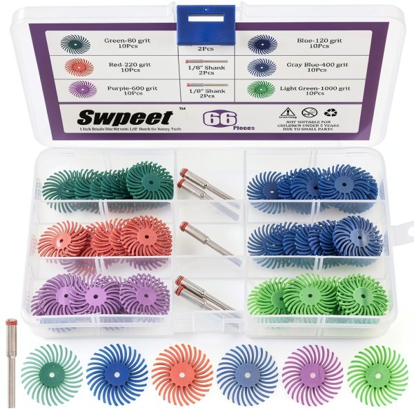 Swpeet 66Pcs 1 Inch 6 Mixed Grit 80/120/220/400/600/1000 Radial Bristle Disc Abrasive Brush Gap Polishing Pad Buffing Wheel Assortment Kit with 1/8" Shank for Rotary Tools Cleaning Finishing Deburring-0